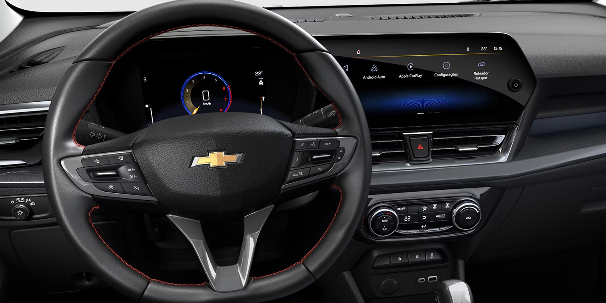 Painel digital e volante do Chevrolet Spin 2026, destacando conectividade via Wi-Fi, USB-C e tela MyLink de 11 polegadas